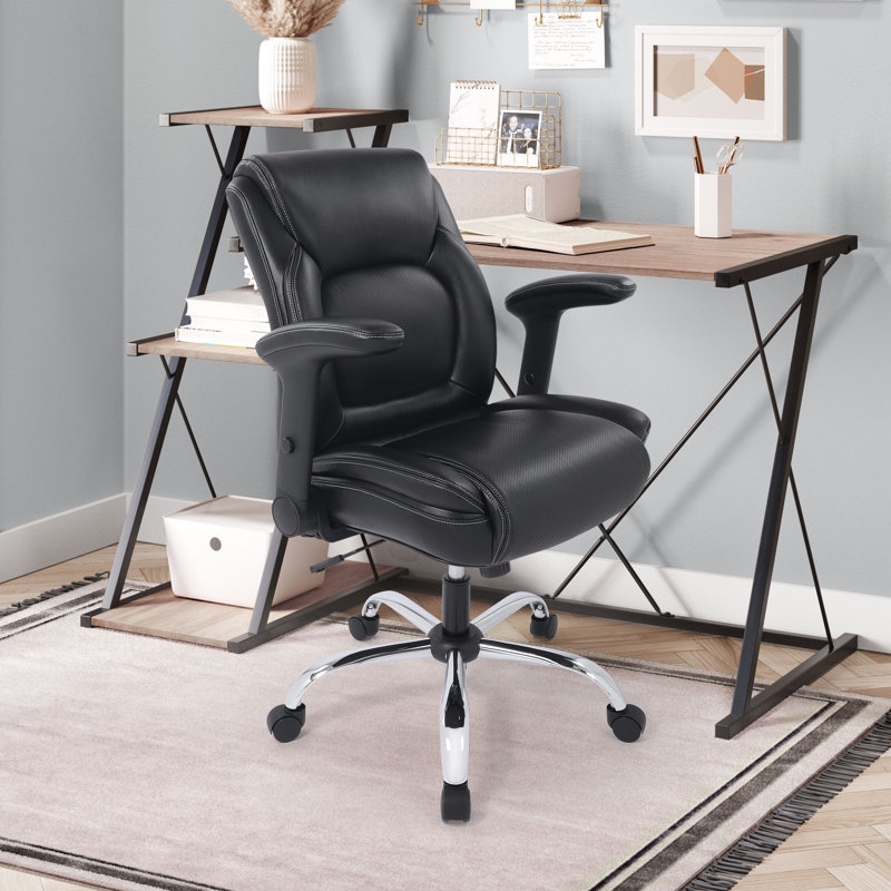 Ergonomic Heavy Duty Comfy Mid-Back Bonded Leather Padded Adjustable-Height/Tilt Office Chair, Comfortable Swivel Rolling Computer Desk Task Office Stool with Functional Arms, Design for Sedentariness and Productivity, Black