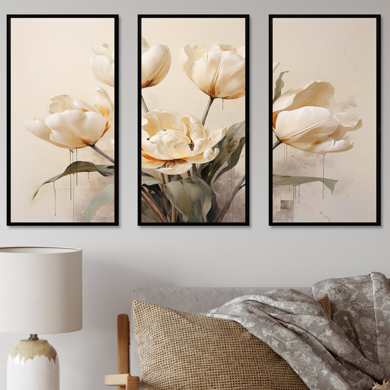 Ensemble de toiles beiges embellies Symphony III - Tulipes, Cadre flottant noir, H 32 po x l 48 po x P 1 po