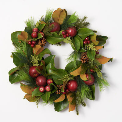 Real Touch Magnolia, Pine, Faux Red Apple & Pinecone Fall Christmas Front Door Wreath - 24"