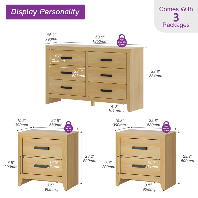 3 Piece  Dresser And Nightstand Set For Bedroom, Oak