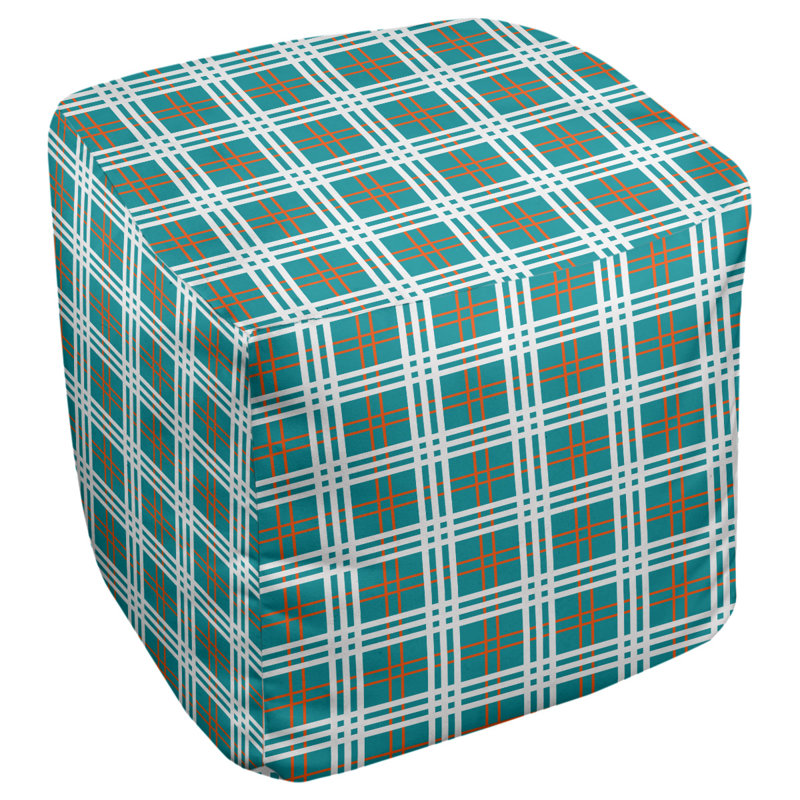 Repose-pieds pouf carré à carreaux Minnesota, Mélange de polyester turquoise / orange / blanc, H 13 po x l 13 po x P 13 po