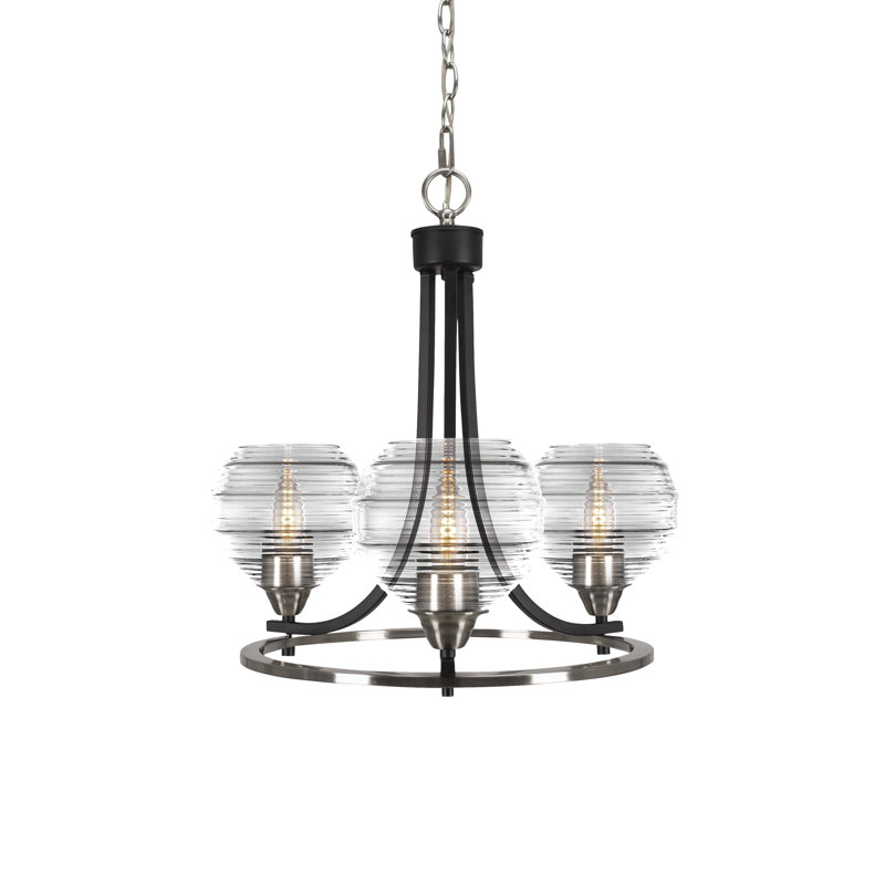 Bookham Paramount 3 Light Uplight Chandelier With 6" Ribbed Glass, Matte Black/Brushed Nickel, Clear
