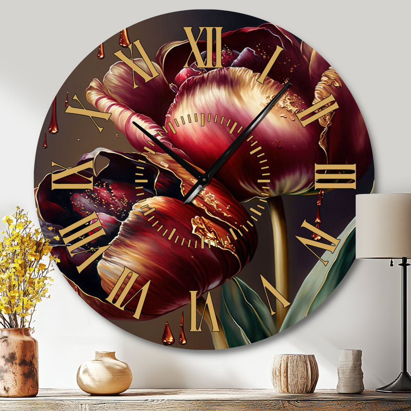 Horloge murale rouge et or Tulip II - Visage doré floral et botanique, Grand
