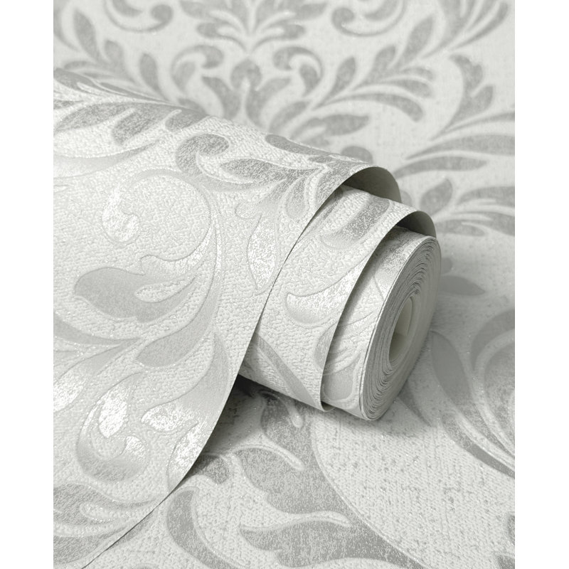 Azara Damask Luxury Textured Vinyl Damask Wallpaper, Light Grey