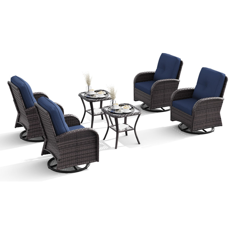 Ensemble de chaises pivotantes d'extérieur avec coussins 6 pièces Kyesha, Bleu, Brun