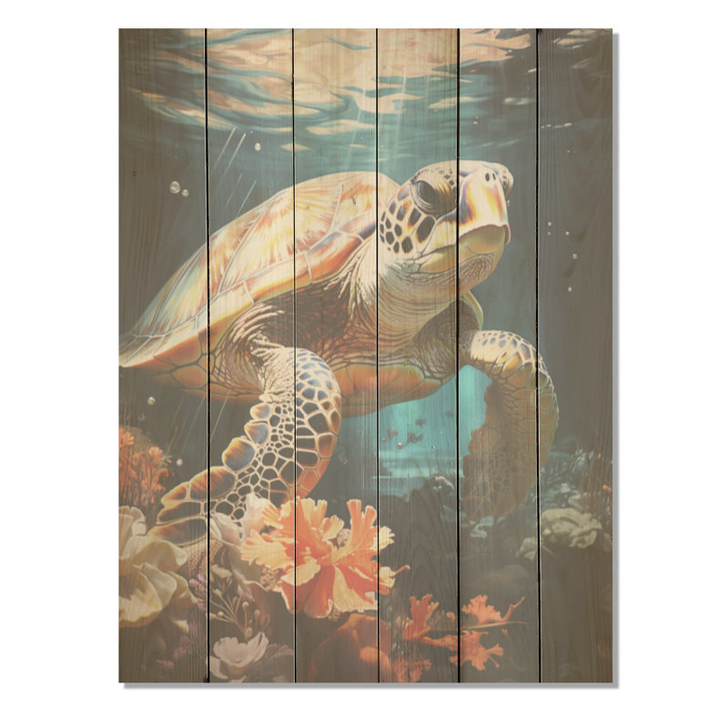«Playful Sea Turtle I», art mural sur bois de pin naturel, H 20 po x l 10 po
