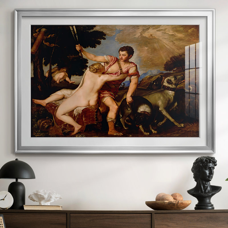 Vénus et Adonis-Titien (Tiziano Vecelli) - Impression encadrée avec passe-partout et verre - 1554, 26,5 x 36,5, Argent