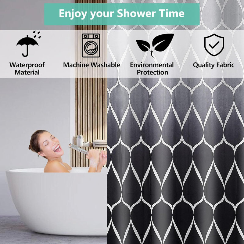 Extra Wide Shower Curtain, Grey Gradient/Black Geometric