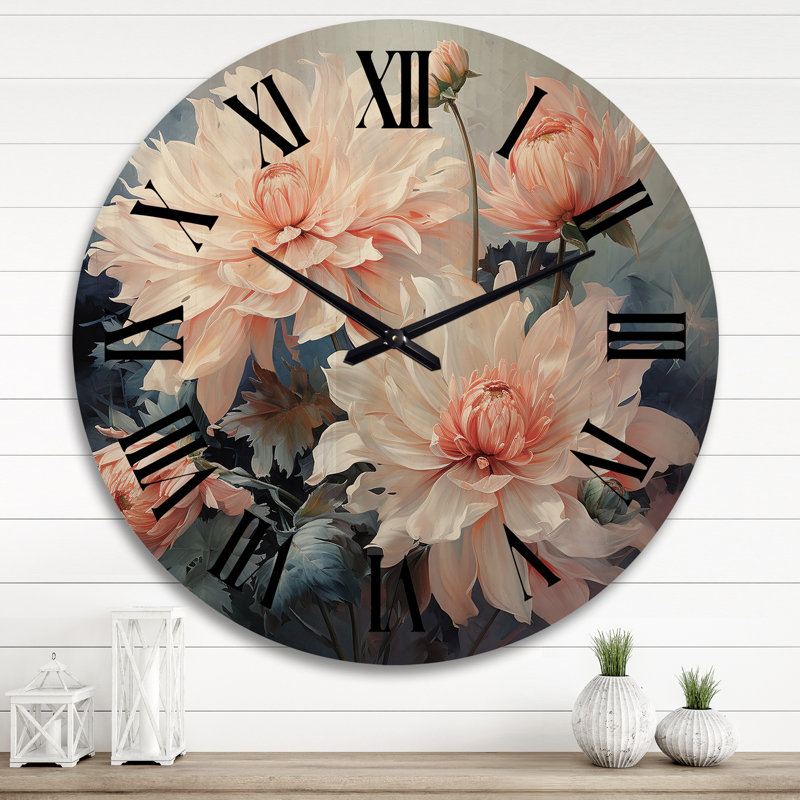 Peach Chrysanthemums Romantic Impression I - Floral Oversized Wood Wall Clock, Extra Large