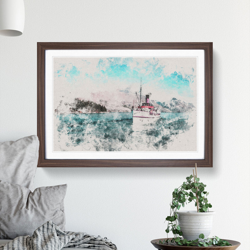 Boat on the Lake in New Zealand - Picture Frame Graphic Art Print, Walnut Framed, 45cm H x 63cm W x 2cm D