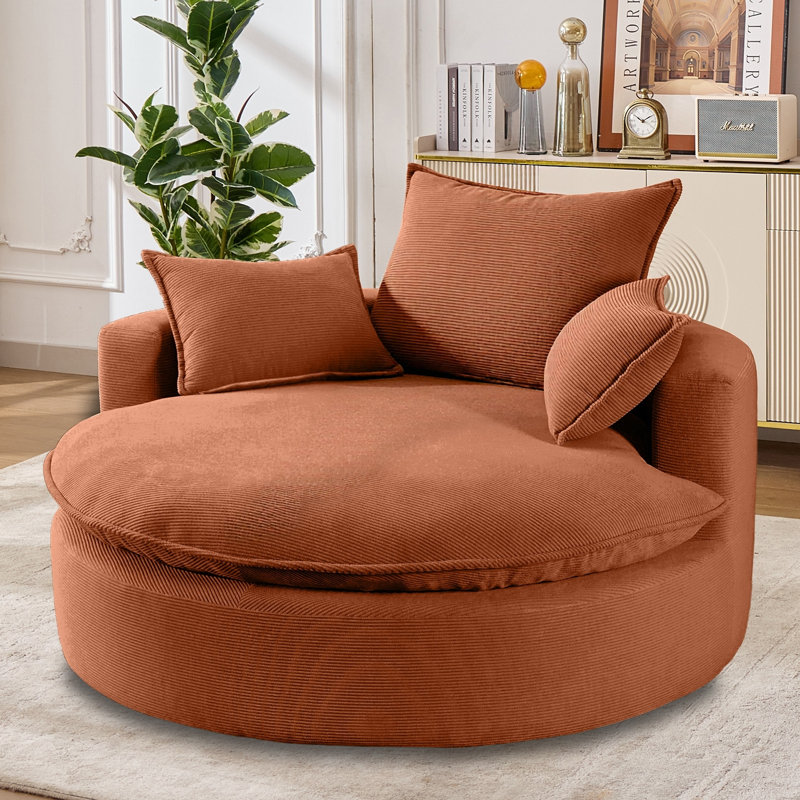 57" Oversized Swivel Barrel Accent Chair, Large Comfy Reading Chair, Round Lounge Chair, Upholstered Armchair with 360° Rotating Base, Dual-Layer Cushion & Removable Pillows for Living Room, Bedroom & Apartment