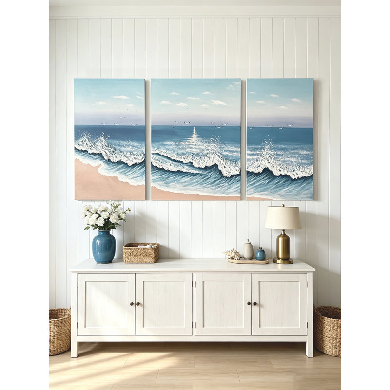 Triptyque sur toile texturé 3D en relief représentant une plage au bord de la mer