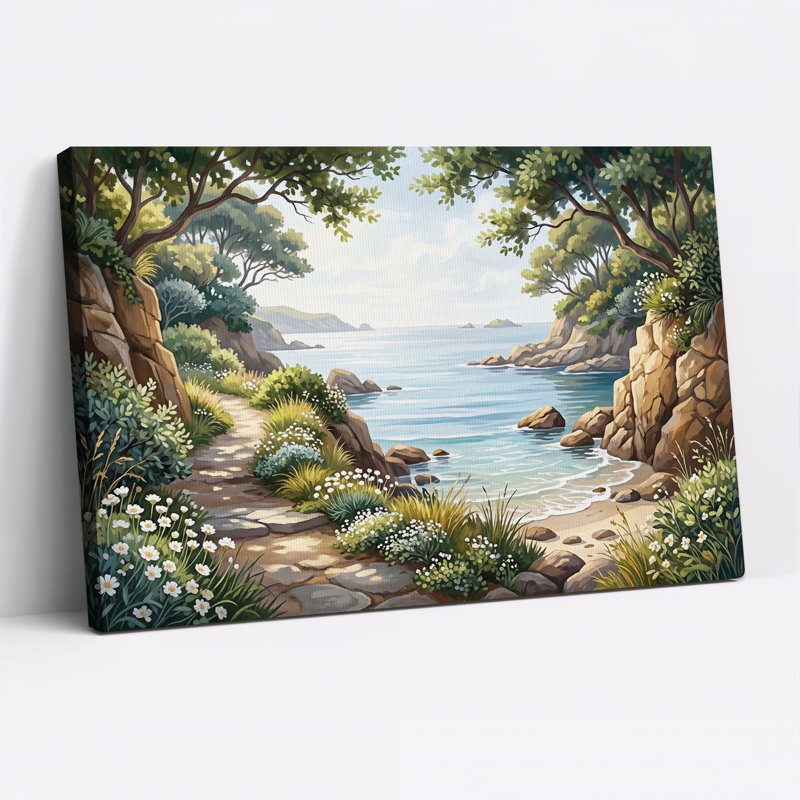 Tableau sur toile représentant un sentier côtier rocailleux avec des fleurs sauvages blanches, H 28 po x l 40 po