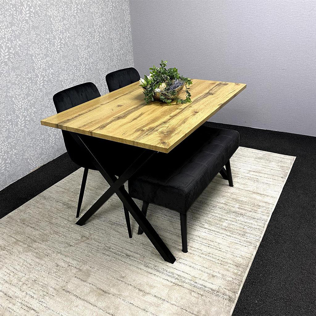 Portland 6 Seater Dark Grey Arrow Dining Table Set - Velvet Chairs & Bench - MDF & Metal - Image 3