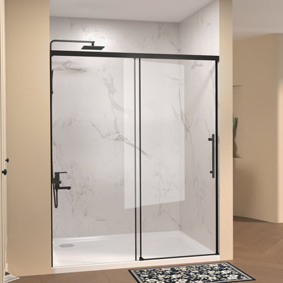 48" W × 72" H Single Sliding Shower Door,5Mm Fixed Glass And 6Mm Sliding Glass Frameless , Clear Tempered Glass, Stainless Steel Handle,Matte Black