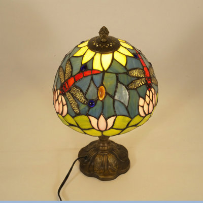 Tiffany-style Dragonfly And Lotus Table Lamp, Decorative Desk Light Decor With Bulbs