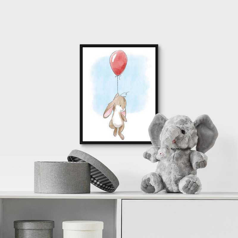 'Little Bunny and Balloon' Graphic Art Print, Black Floating Frame Canvas, 14" H x 11" W x 1.75" D