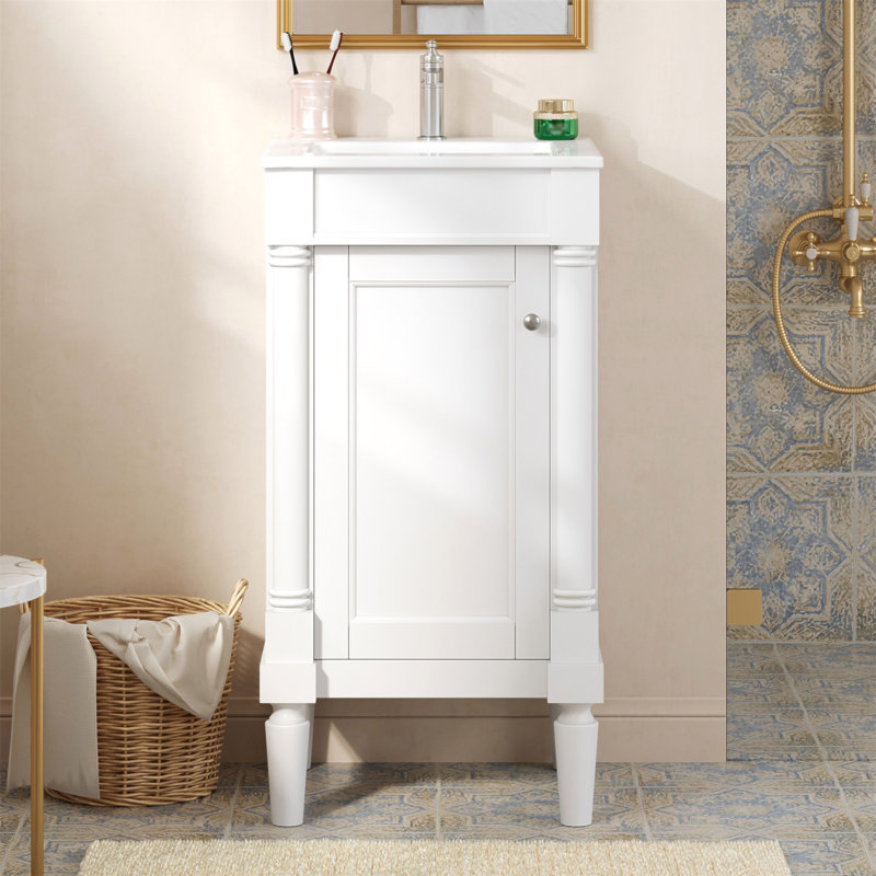 Armoire de salle de bain de style français 18 po avec rangement, solution pour petit espace avec lavabo en céramique, tablette réglable, charnières à fermeture en douceur