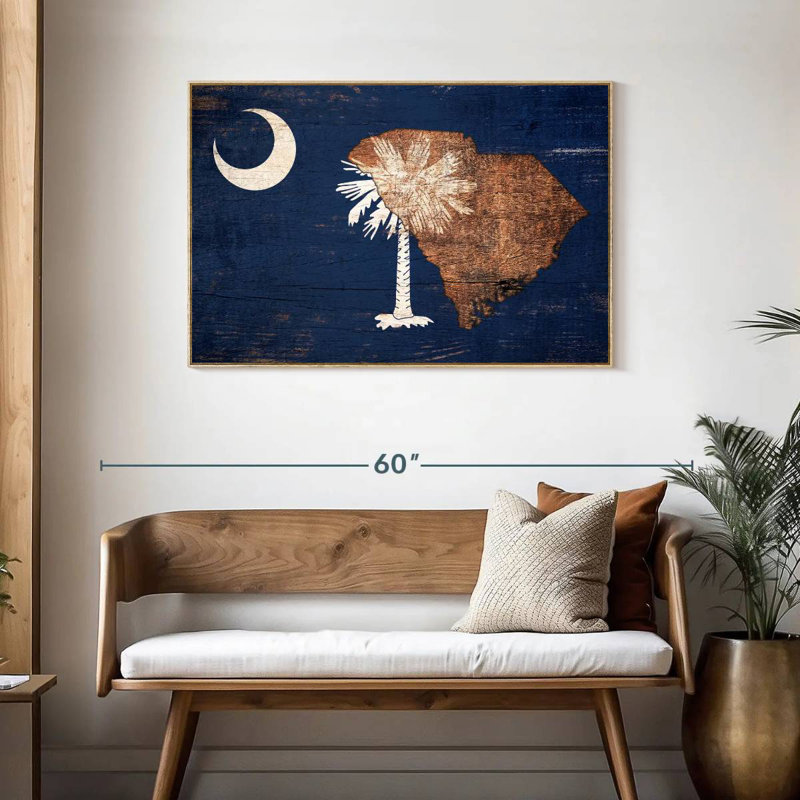 State Map Over South Carolina Flag, 19" X 13", Floating Frame Natural Wood