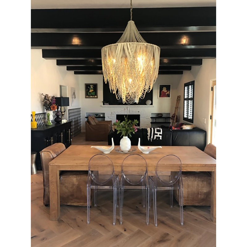 Large Leather Fringe Chandelier w/ Crown, 53" H x 36" W x 36" D, Cream