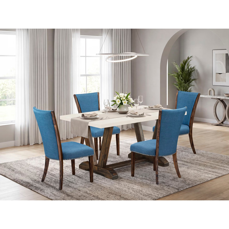 Ensemble de salle à manger moderne de 5 pièces comprenant une table rectangulaire en bois avec pieds en V et 4 chaises de salle à manger Parson en lin bleu, 91 x 152 cm, multicolore