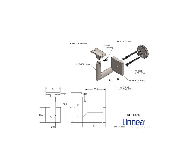 Surface Mount Handrail Bracket with Square Rose and Curved Plate, Satin Stainless Steel