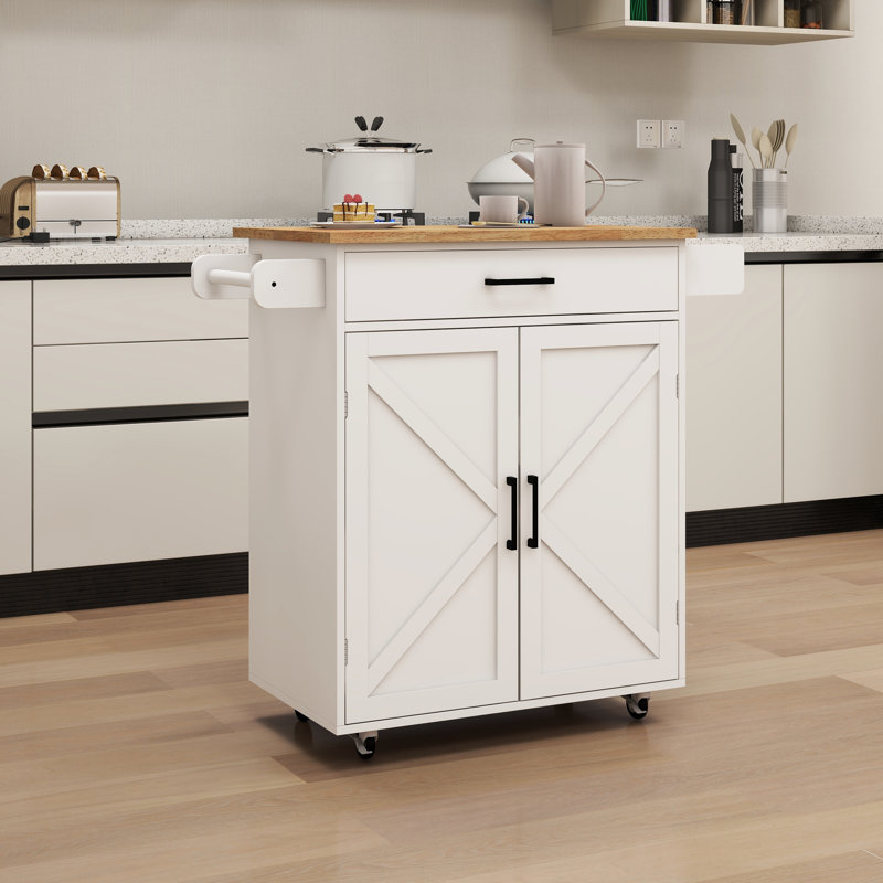 White Kitchen Island With Hidden Compartments, Adjustable Storage Settings & Towel/Seasoning Cart Material, Towel Rack, Seasoning Rack - Levels