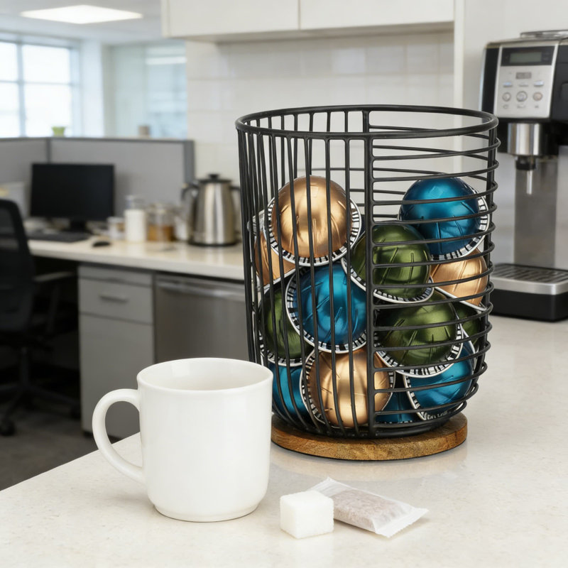 Support et organisateur de dosettes de café avec base en bois - Panier en fil mince de grande capacité pour tasses Keurig K et capsules espresso - Rangement pour comptoir de cuisine moderne