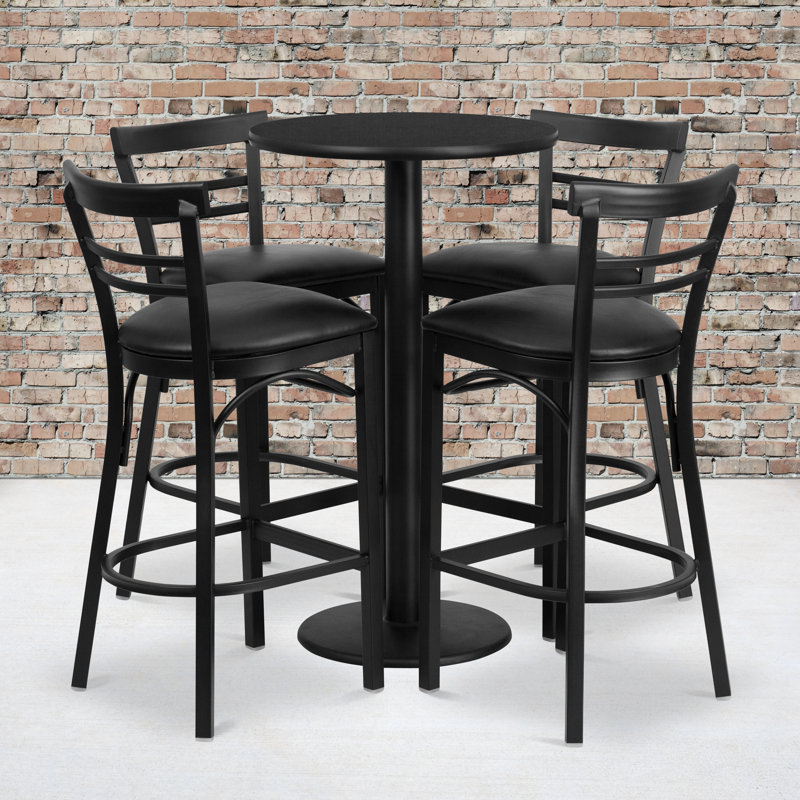 Naro 24'' Round Laminate Table Set with Round Base and 4 Ladder Back Metal Barstools, Black Faux Leather, Black Faux Leather