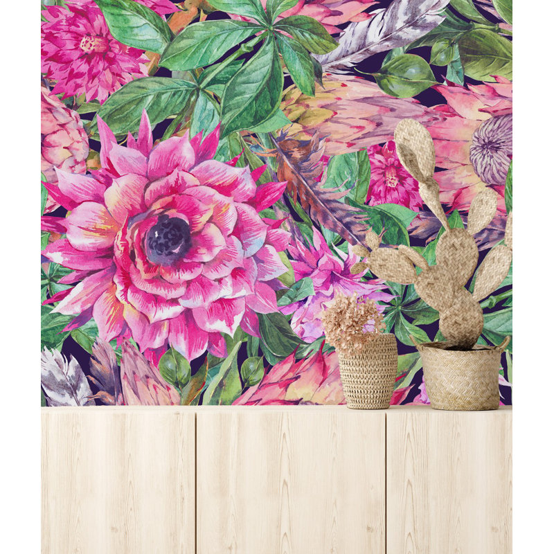 Brightly Flowers Wallpaper Peel & Stick Floral Tile, 8.33' L x 100'' W