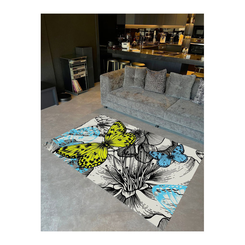 Tapis décoratif moderne bleu et gris, Sous-tapis rectangulaire de 3 pi 3 po x 4 pi 11 po