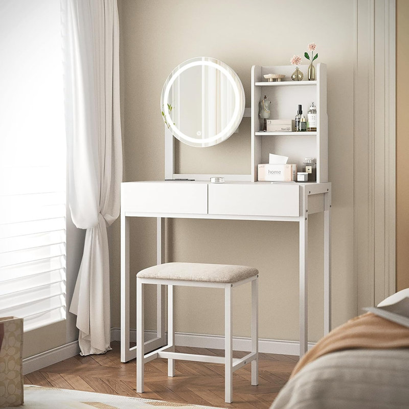 Petit bureau de coiffeuse avec miroir et lumières avec miroir DEL, White