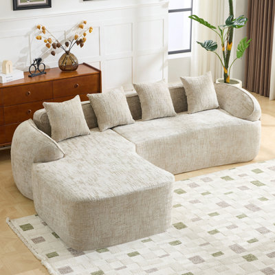 Light Khaki Chenille L-Shaped Sofa With High-Elastic Sponge, Curved Armrests, And Four Throw Pillows For Comfortable Seating