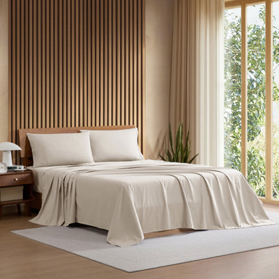 Lacoste Cotton Percale Sheet Set, Crisp Feel & Breathable Bedding, Deep Pocket Fitted Sheet, Pumice Stone, Queen