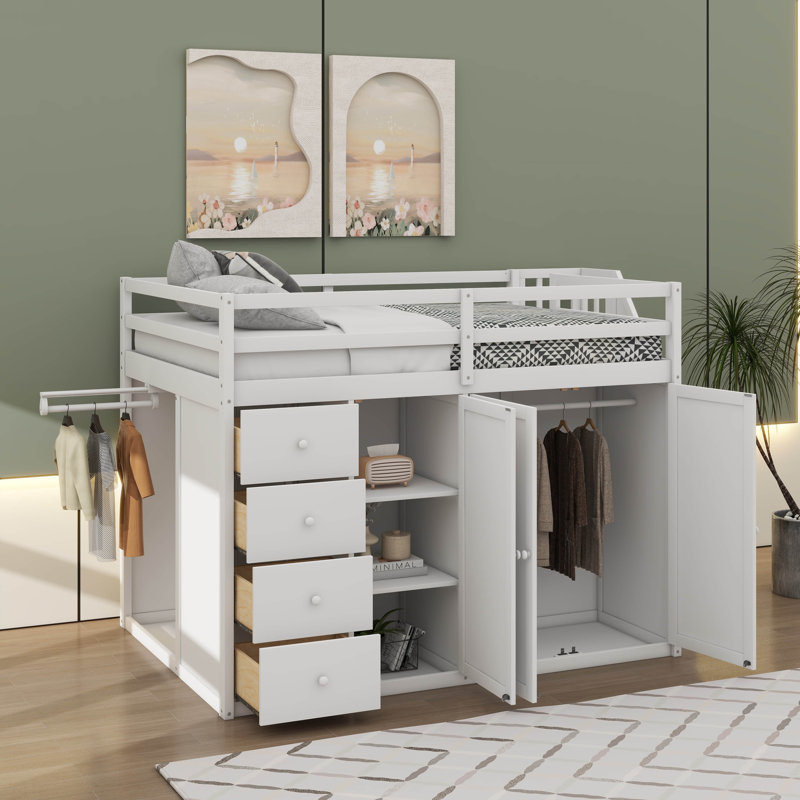 Full Size Wooden Loft Bed With Built-In Wardrobes, Numerous Storage Compartments And Drawers For Bedroom, White