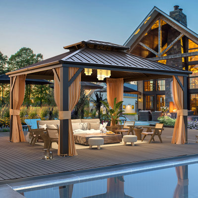 14' W x 12' D Hardtop Gazebo, Double Galvanized Steel Roof & Aluminum Frame for Hot Tub, Deck, Backyard