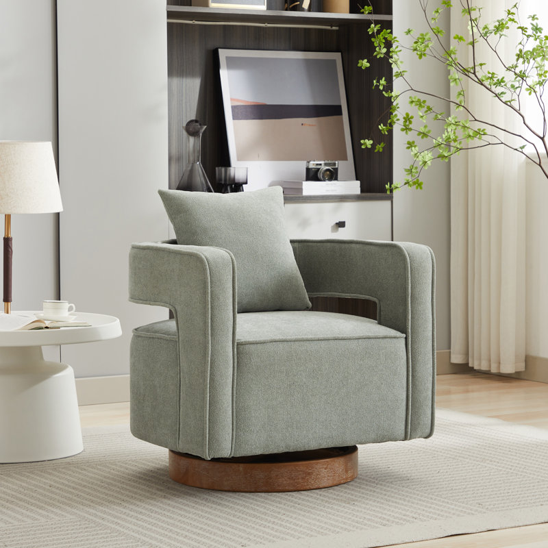 29.1" W Polyester Hollow Back Swivel Barrel Chair With Wooden Base, Pale Green Linen Blend
