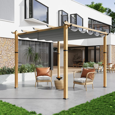 10x10FT Retractable Pergola with Wood-Grain Finish – Heavy-Duty Aluminum Outdoor Pavilion with UPF 50+ Waterproof Canopy – Modern Gazebo for Patio, Deck, Backyard & Poolside, Gray