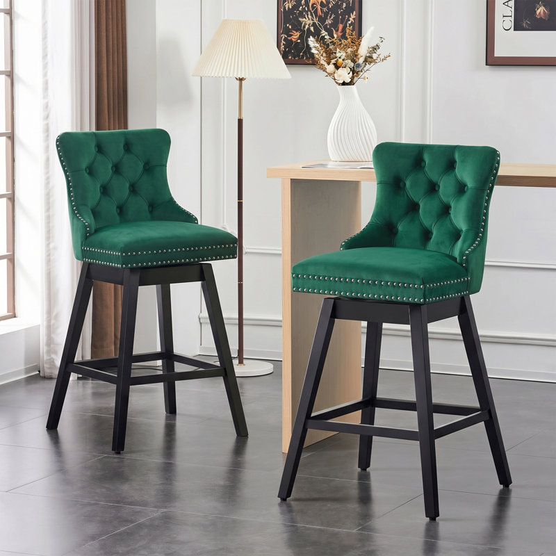 Velvet Upholstered 360° Swivel Counter Height Bar Stool with Back, Nailhead Trim and Sturdy Solid Wood Legs, Comfortable Chair for Kitchen, Dining, Restaurant