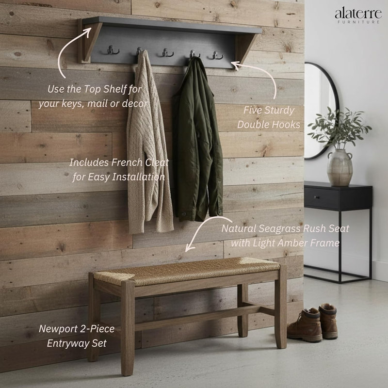 Aston 2-Piece Entryway Set - 40” Wall-Mounted Coat Rack with Shelf & Bench with Rush Seat