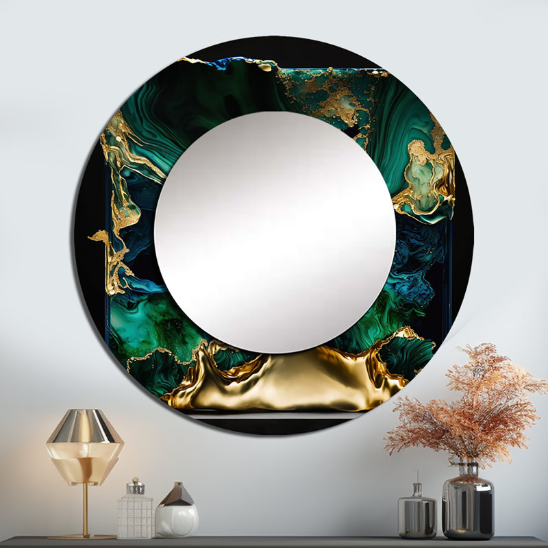 Qamari abstrait géode marbre vert et bleu I - miroir en marbre, miroir mural rond vert unique, impression sur métal