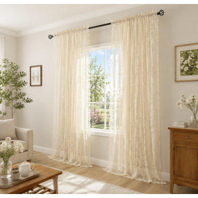 Vintage-Style Crochet Lace Curtains — Light Beige Floral Sheer Pair (52" X 84") — Versatile For Living Room & Bedroom