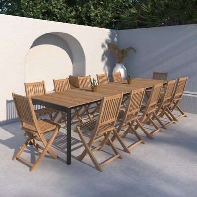 Carliegh 13 Piece Elden Rectangular Extedable Dining Set | 100% FSC Certified Teak Wood | Ideal Furniture Set For Outdoors