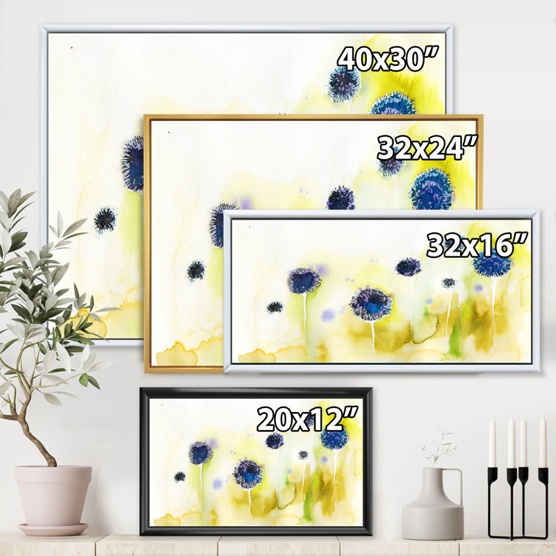 Fleurs bleues dans la prairie - Peinture sur toile, H 12 po x l 20 po x p 1 po, Cadre flottant doré