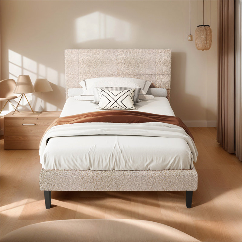 Bed Frame With Boucle Upholstered Headboard, Platform Bed, Twin