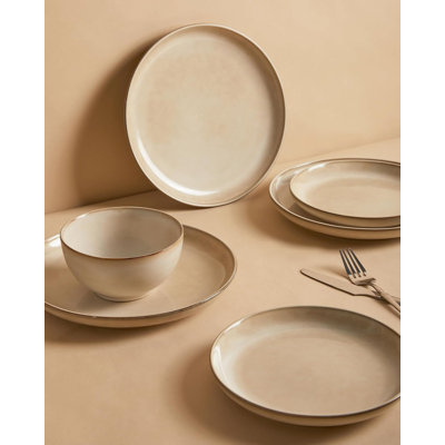 12 PCS Stoneware Dinnerware Sets,Reactive Glaze Plates and Bowls Sets Service for 4,Mocha Beige