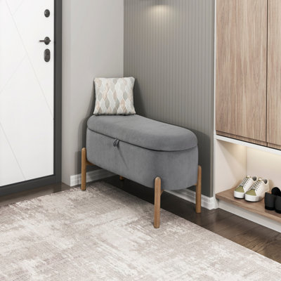 Banc de rangement avec assise rembourrée en velours côtelé gris et pieds en bois massif 1 pièce