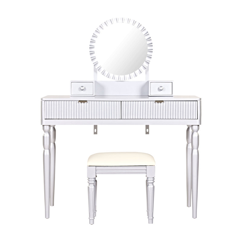 Ensemble de coiffeuse de luxe avec miroir rond, hauteur réglable, coiffeuse, 4 tiroirs et tabouret