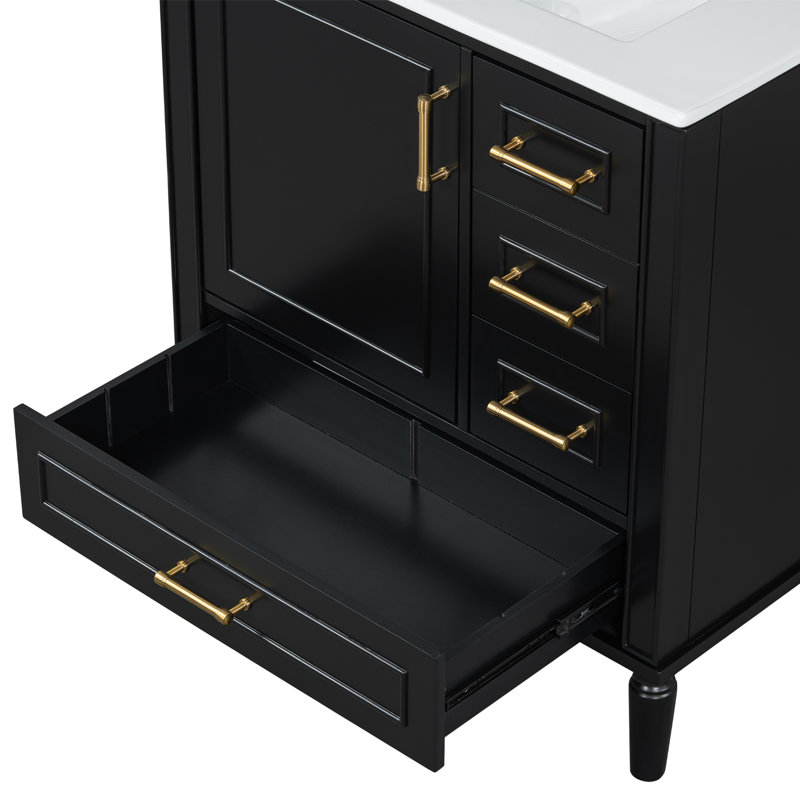 Ensemble de meuble-lavabo traditionnel noir de 30 po avec trois tiroirs, portes à fermeture douce et longues poignées en métal doré - parfait pour les petites salles de bain