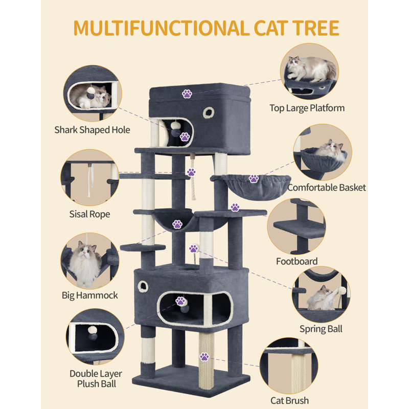 Cat Tree for Indoor Cats, Multi-layer Scratching Post with Large Platform, 2 Caves, 7 Sisal Posts, Pompoms, Cat Basket, Hammock, Suitable for Cats